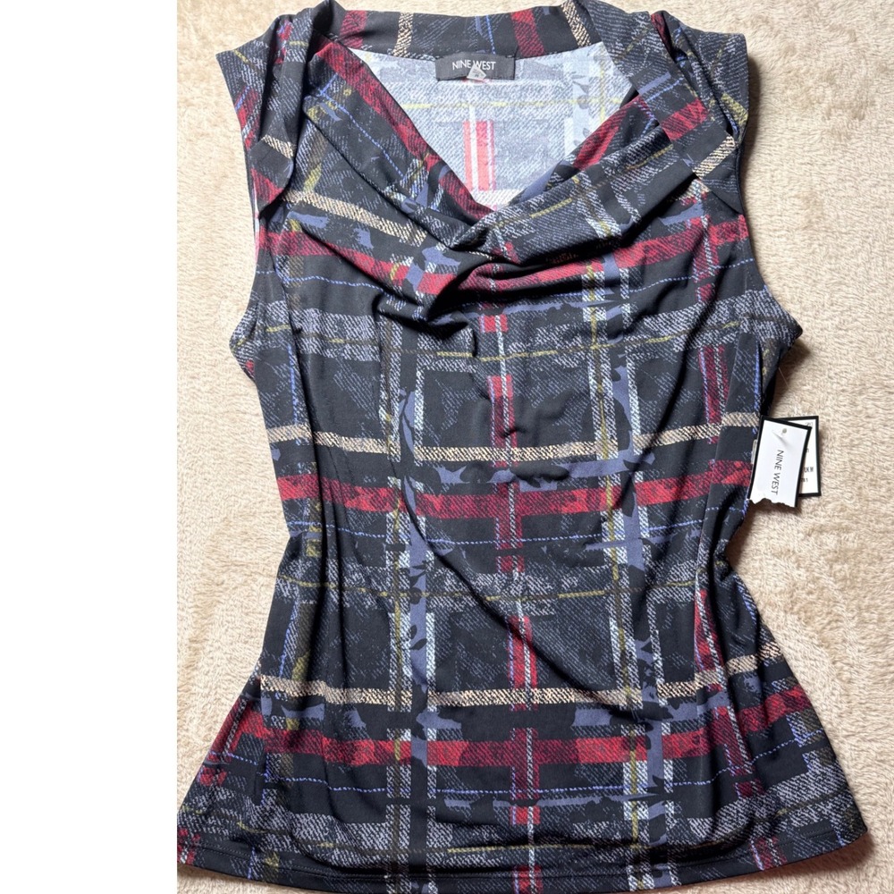 Nine West Womens Medium Plaid Cowl Neck Sleeveless Blouse NWT Office Siren 90s